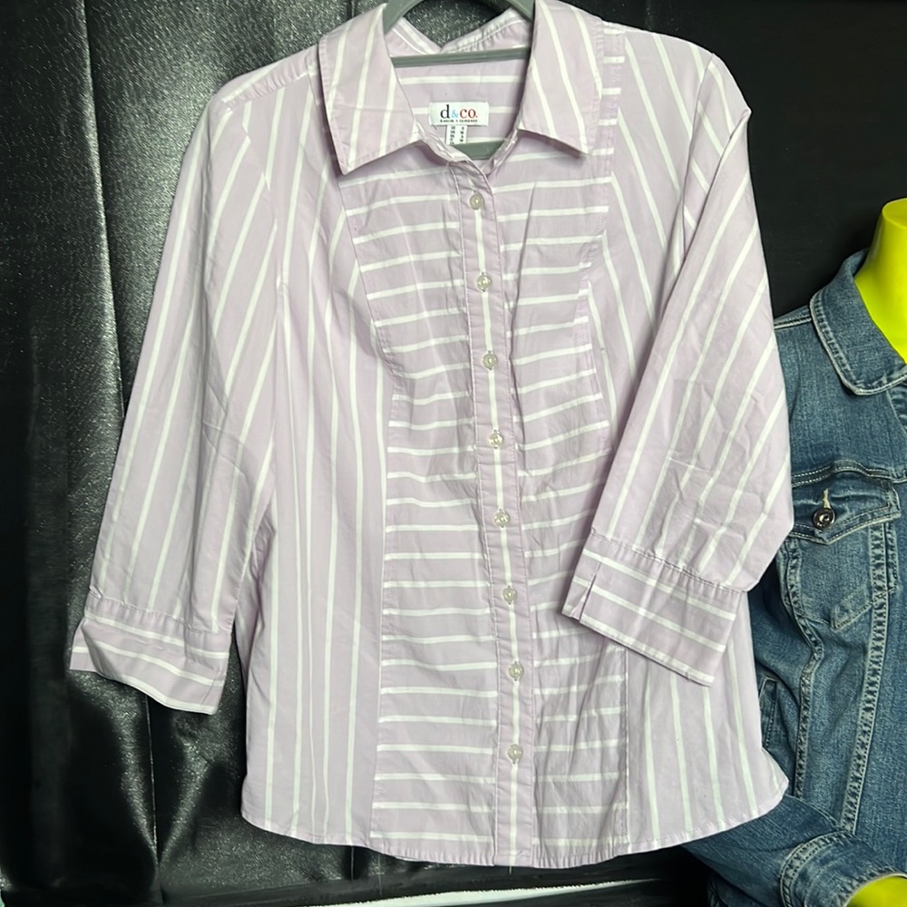 Denim and Co size small lilac striped button down, 3/4 sleeves